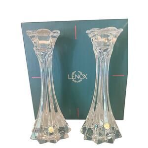 Lenox Crystal Candlestick Holders Alpine Lily Set Of Two 7” New In Box (A)